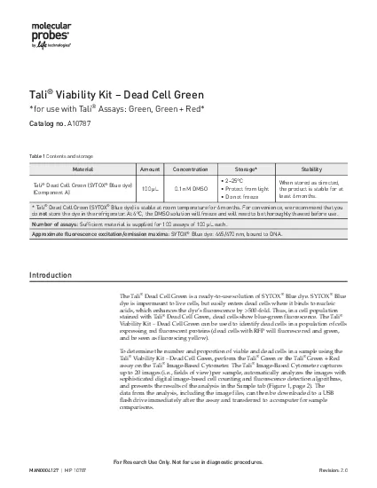 Tali Viability Kit 150 Dead Cell Greenfor use with Tali Assays Green G