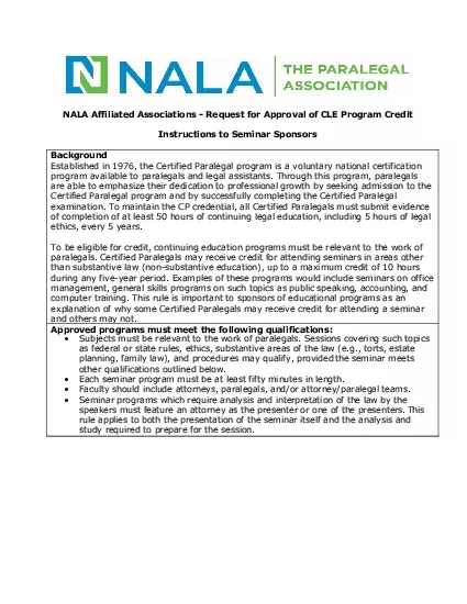 NALA Affiliated Associations  Request for Approval of CLE ProgramCred