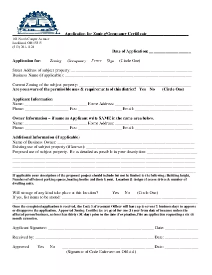 Application for ZoningOccupancy Certificate