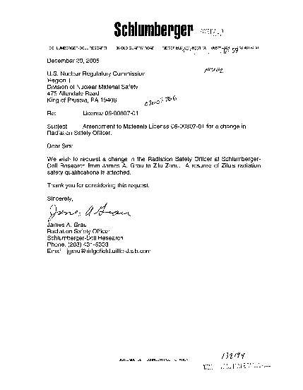 SCHLUMBERGERDOLL RESEARCH OLD QUARRY December 29 2005 Nuclear Regulat