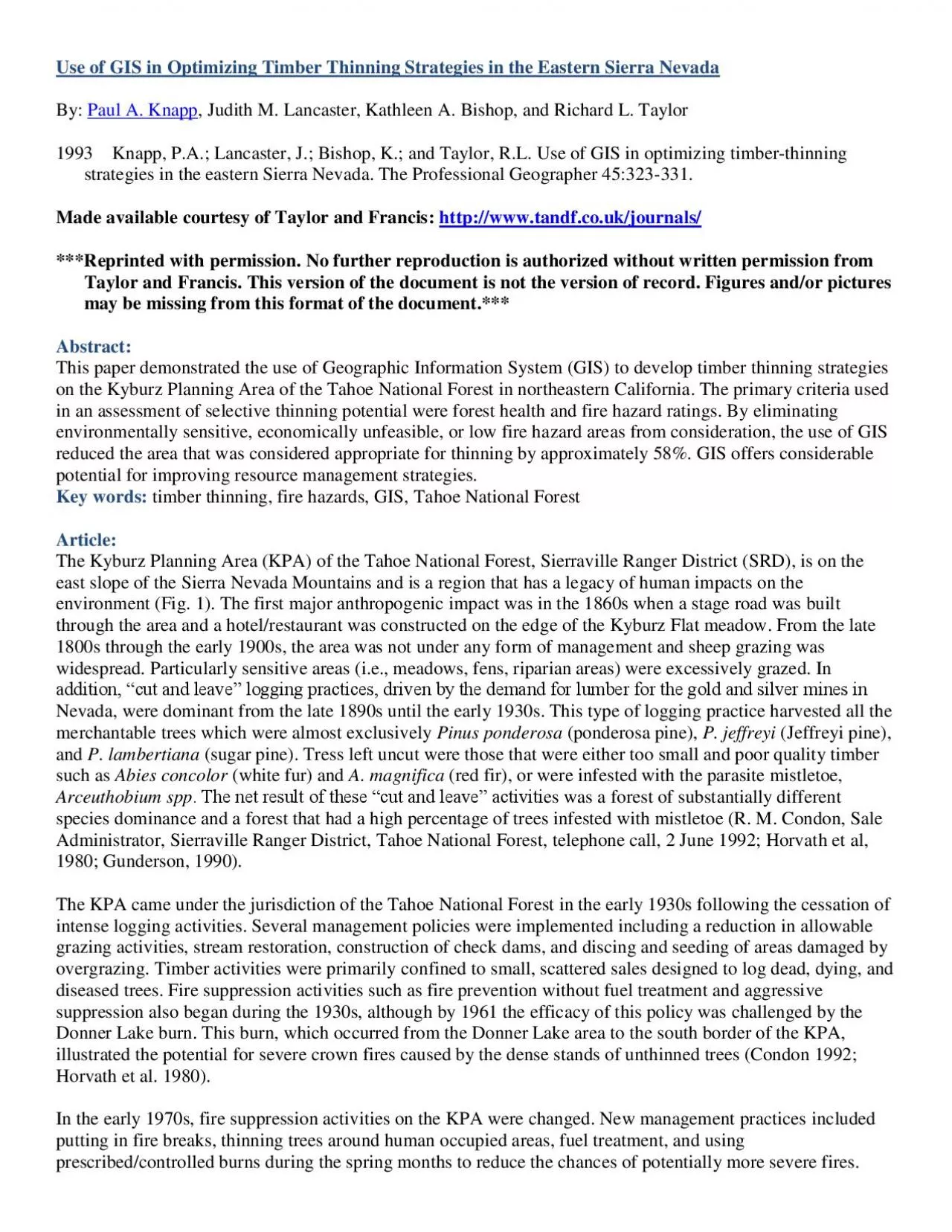 PDF-Use of GIS in Optimizing Timber Thinning Strategies in the Eastern Sie