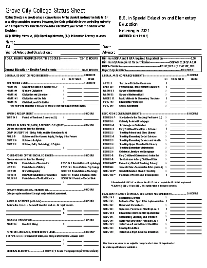 Grove City College Status Sheet