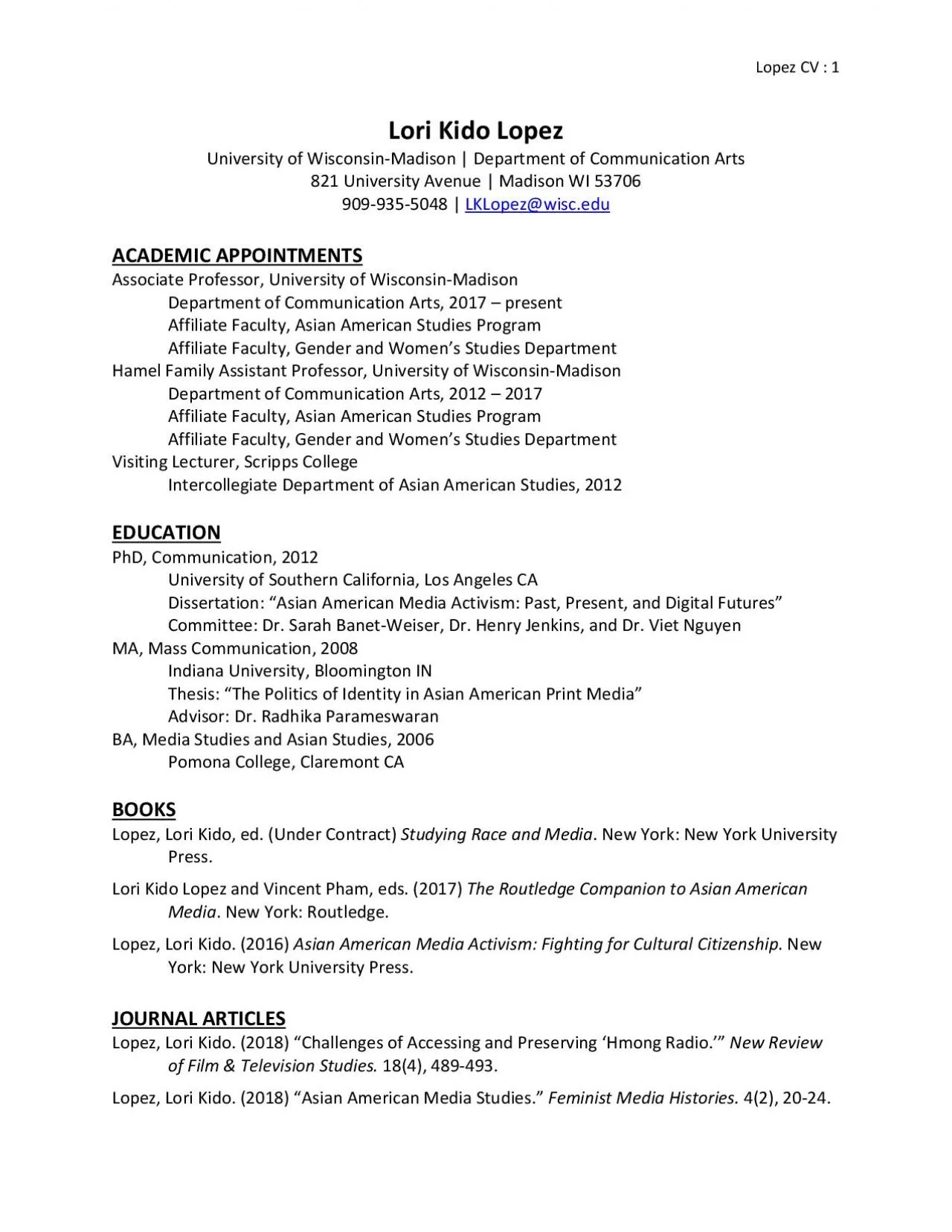 PDF-x0000x0000Lopez CV Lori Kido Lopeziversity of WisconsinMadisonDepartm