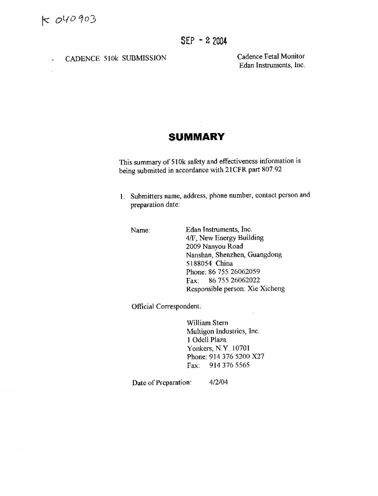 PDF-c L ILo3SEP 2 2004CADENCE 510k SUBMISSION Cadence Fetal MonitorEdan I