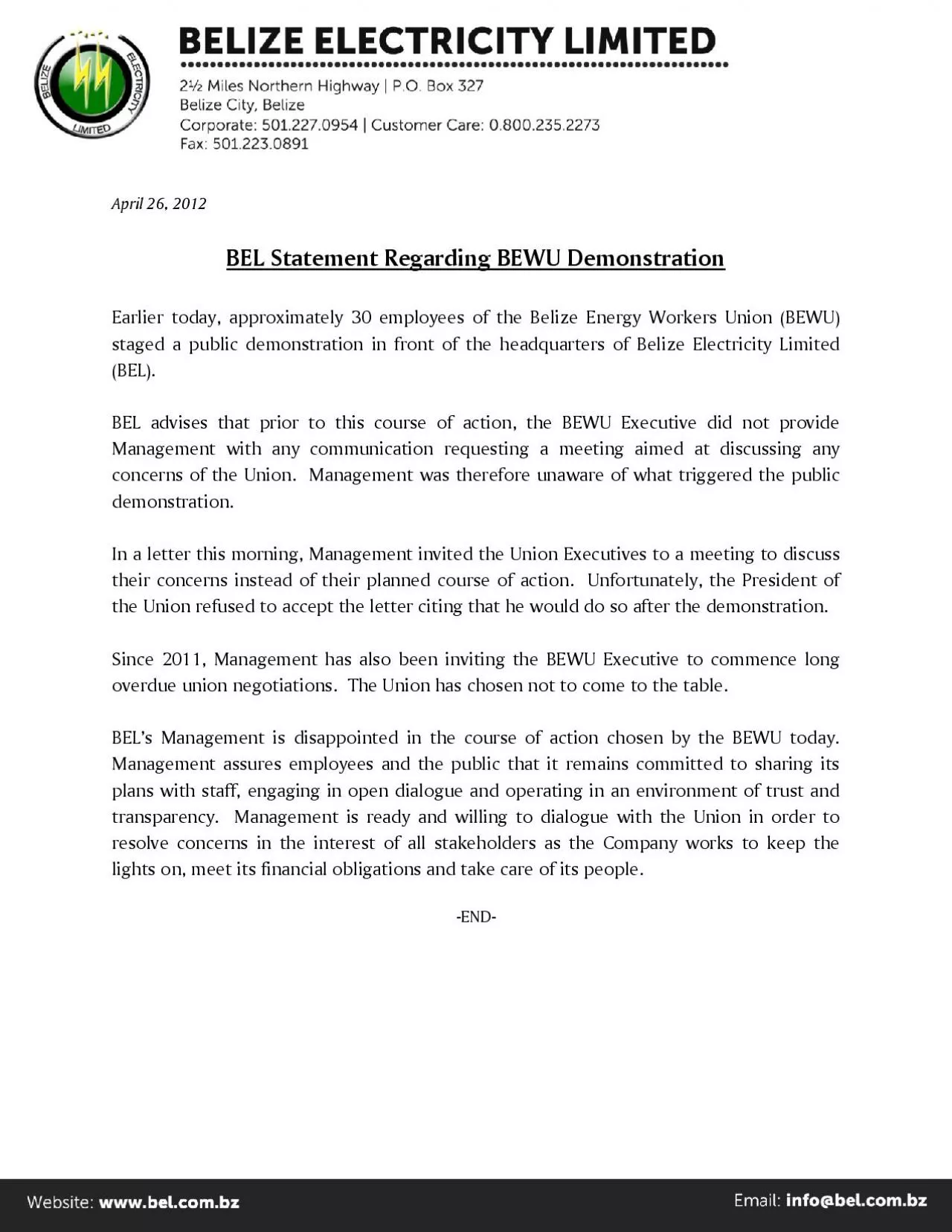 PDF-Earlier today approximately 30 employees of the Belize Energy Workers