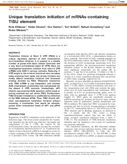 PDF-UniquetranslationinitiationofmRNAscontainingTISUelementRofaElfakessHa