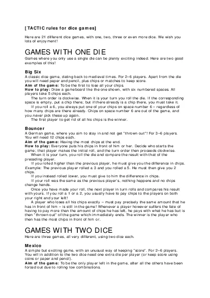 Here are 21 different dice games with one two three or even more dice