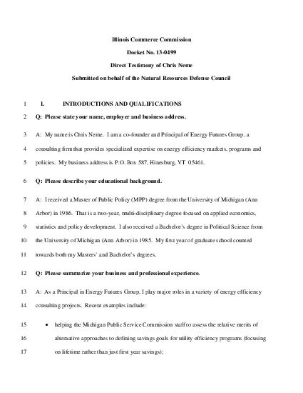 Illinois Commerce CommissionDocket No 13Direct Testimony of Chris Neme