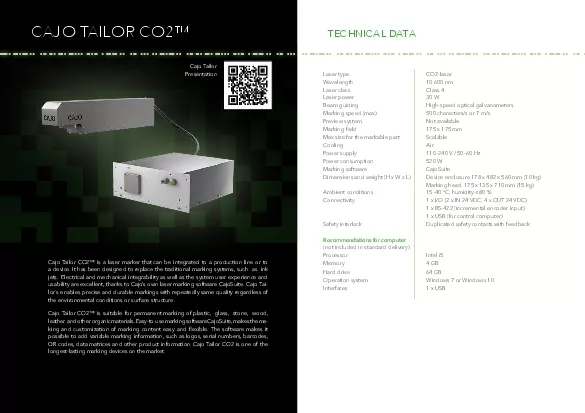 CAJO TAILOR CO2153TECHNICAL DATACajo Tailor CO2153 is a laser marker t