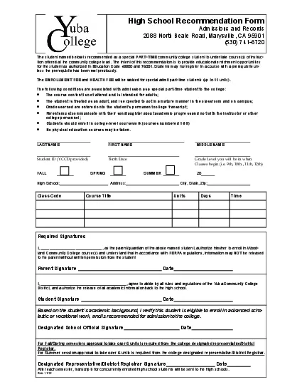 High School Recommendation Form