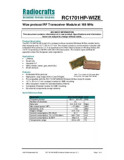 RC1701HPWIZE2018 Radiocrafts AS RC1701HPWIZE Shortform Datasheet