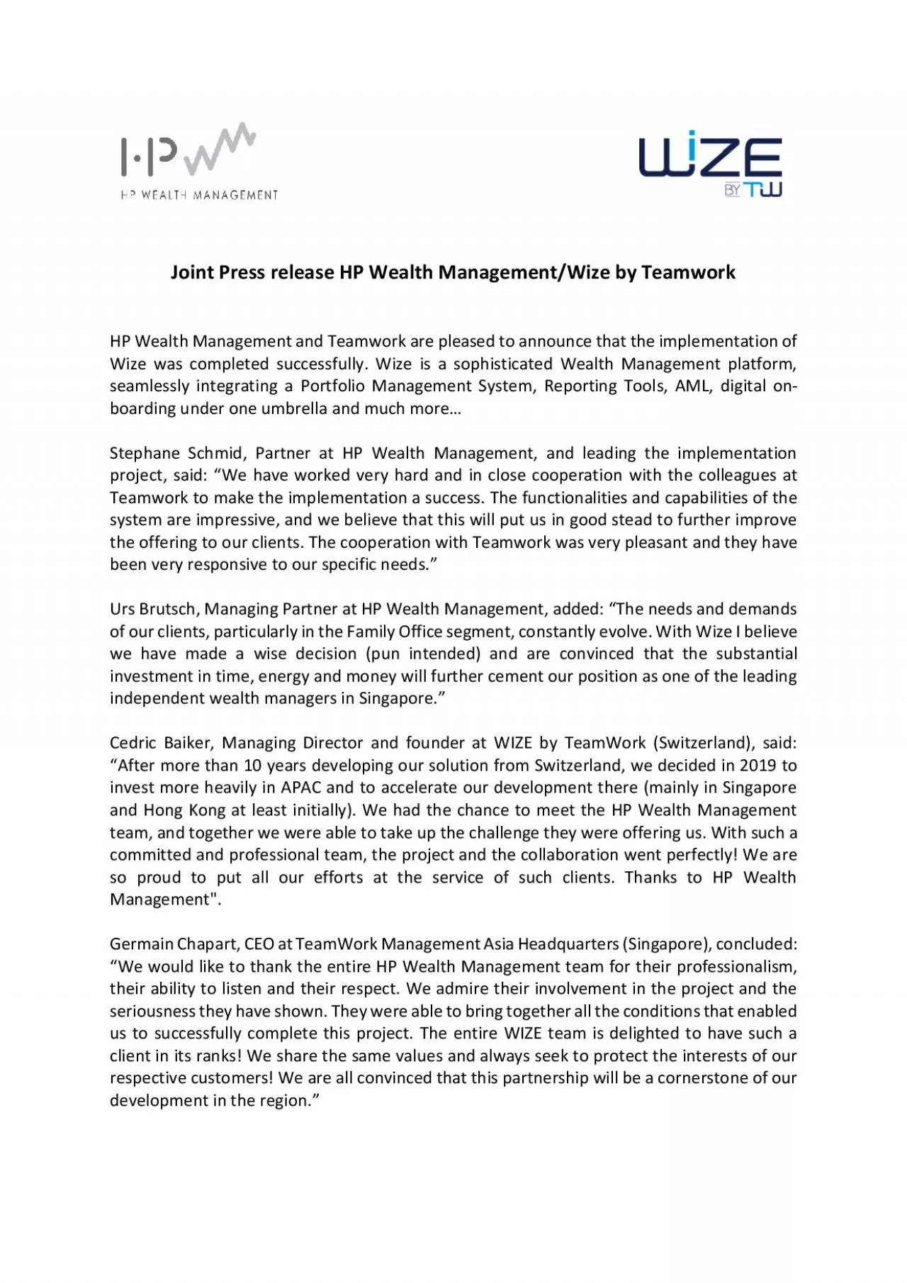 PDF-Joint Press release HP Wealth ManagementWize by Teamwork