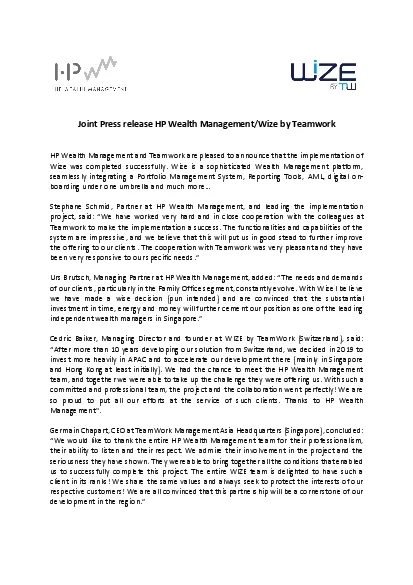 Joint Press release HP Wealth ManagementWize by Teamwork