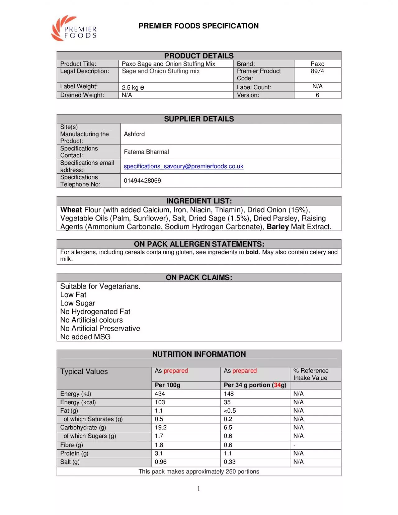 PDF-PREMIER FOODS SPECIFICATION