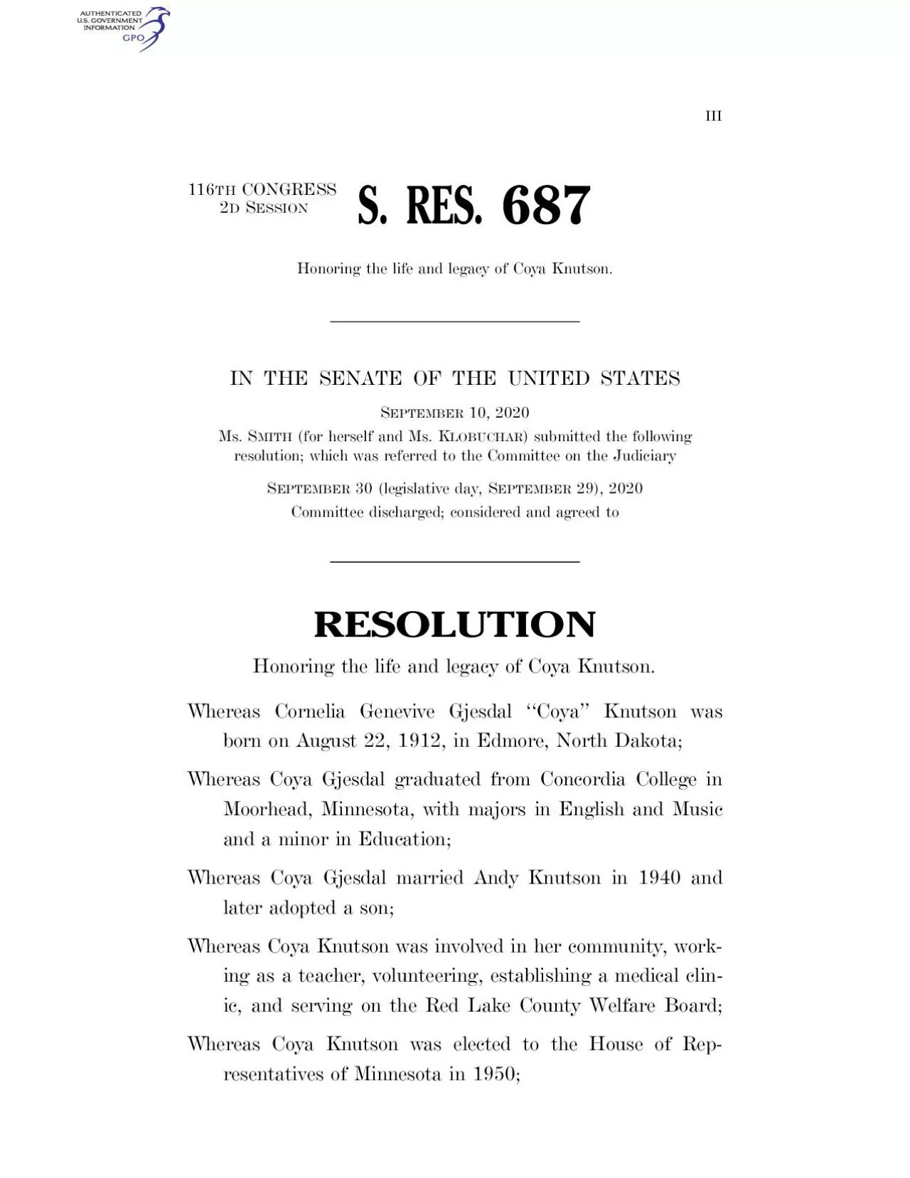 PDF-III 116THCONGRESS 2DSESSION S RES 687 Honoring the life and legacy of