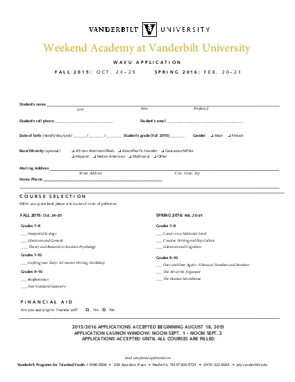 Weekend Academy at Vanderbilt University WAVU APPLICATION