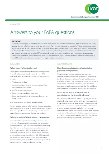 Answers to your FoFA questionsOctober 2012