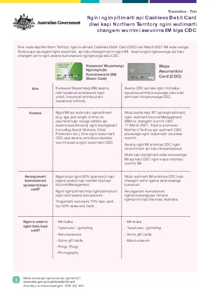 Diwi wuta kapi Northern Territory ngini wutimarti Cashless Debit Card