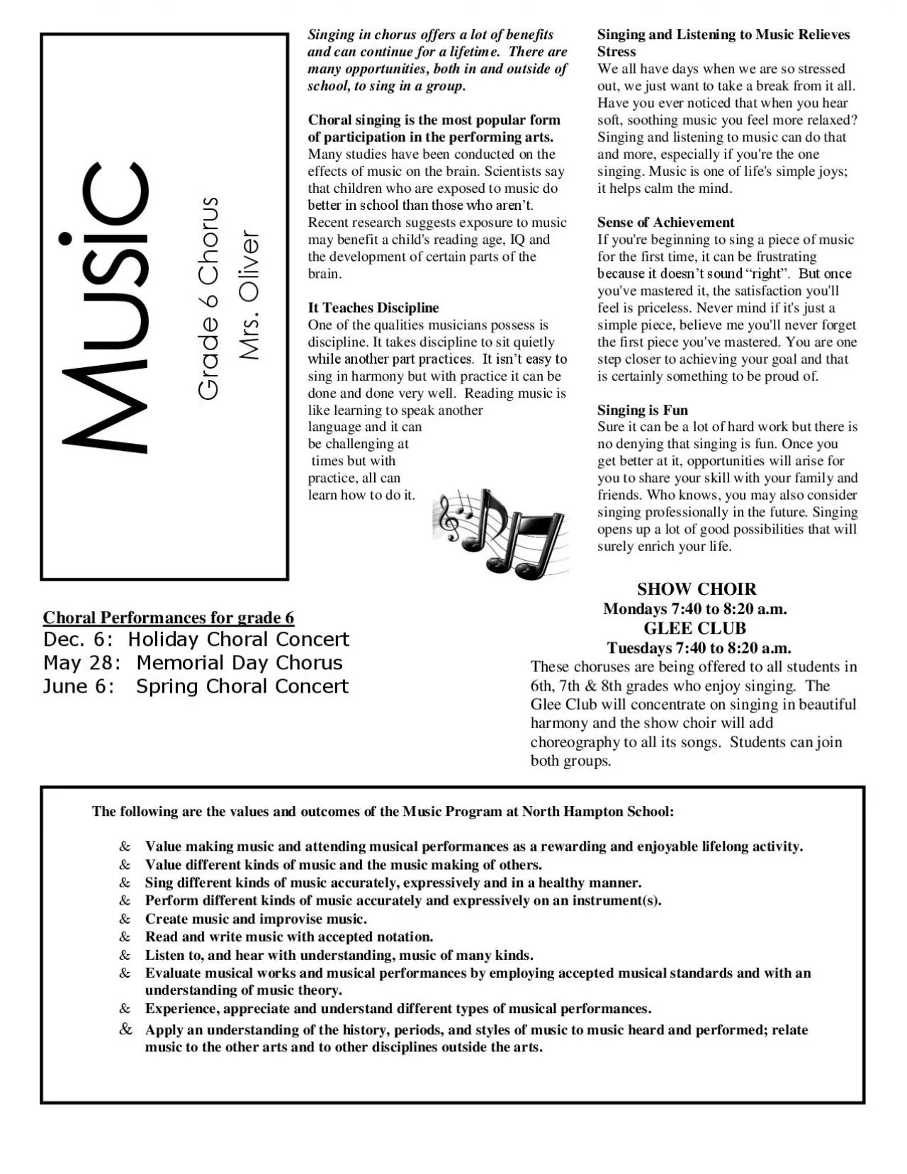 PDF-The following are the values and outcomes of the Music Program at Nort