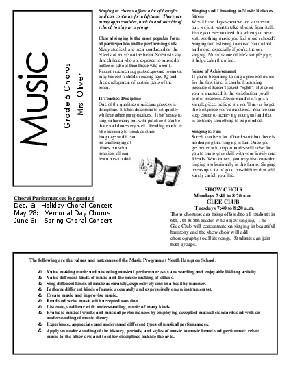 The following are the values and outcomes of the Music Program at Nort