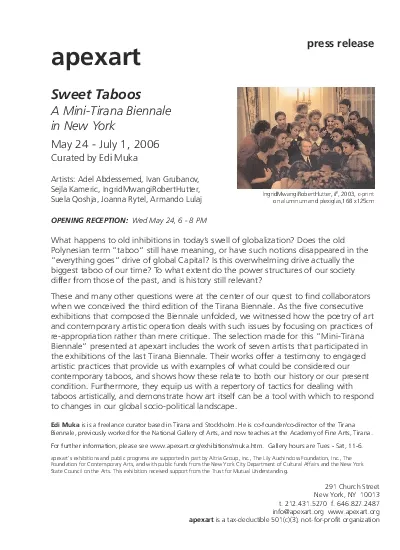 OPENINGRECEPTION  WedMay 24 6  8 PMpress releaseSweet Taboosin New Yo