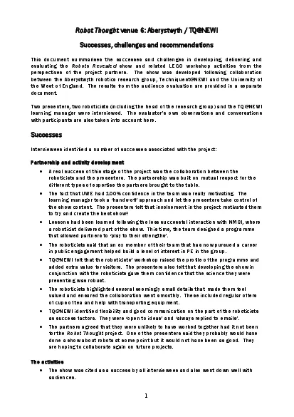 Robot Thought venue 6 Aberystwyth  TQNEWI Successes challenges and re