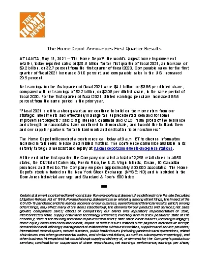 The Home Depot Announces FirstQuarterResultsATLANTA May 20The Home Dep