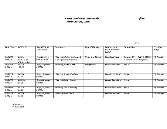 Kosrae Land Court Calendar for