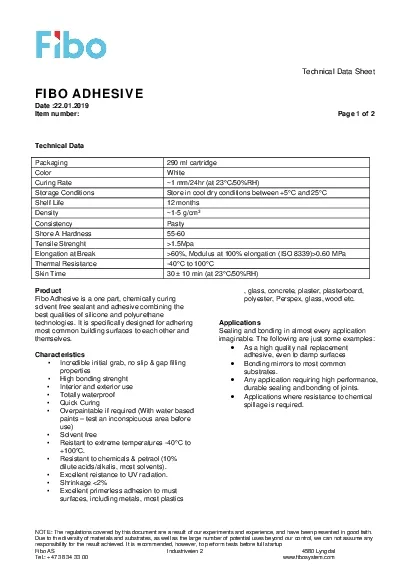 Technical Data SheetFIBO ADHESIVEDate2012019Item number  Pageof