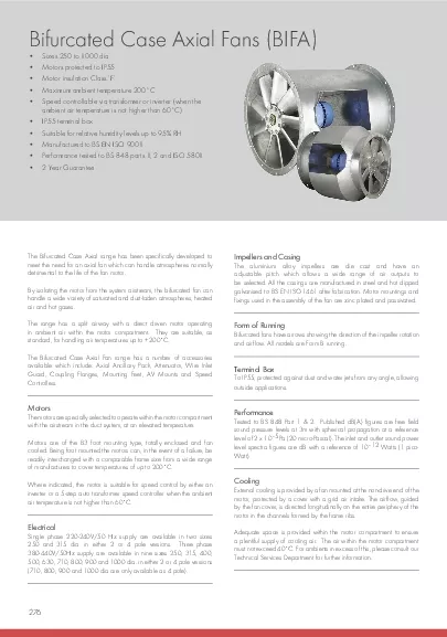 Bifurcated Case Axial Fans BIFA Sizes 250 to 1000 dia Motors protected