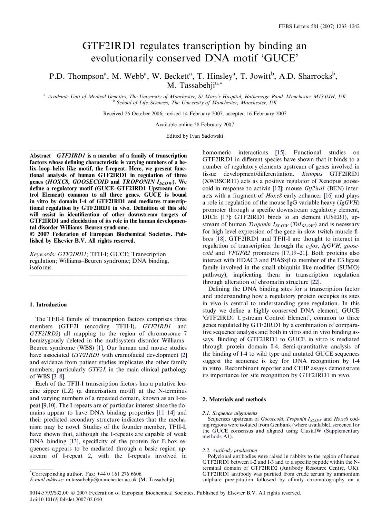 PDF-GTF2IRD1regulatestranscriptionbybindinganevolutionarilyconservedDNAmot