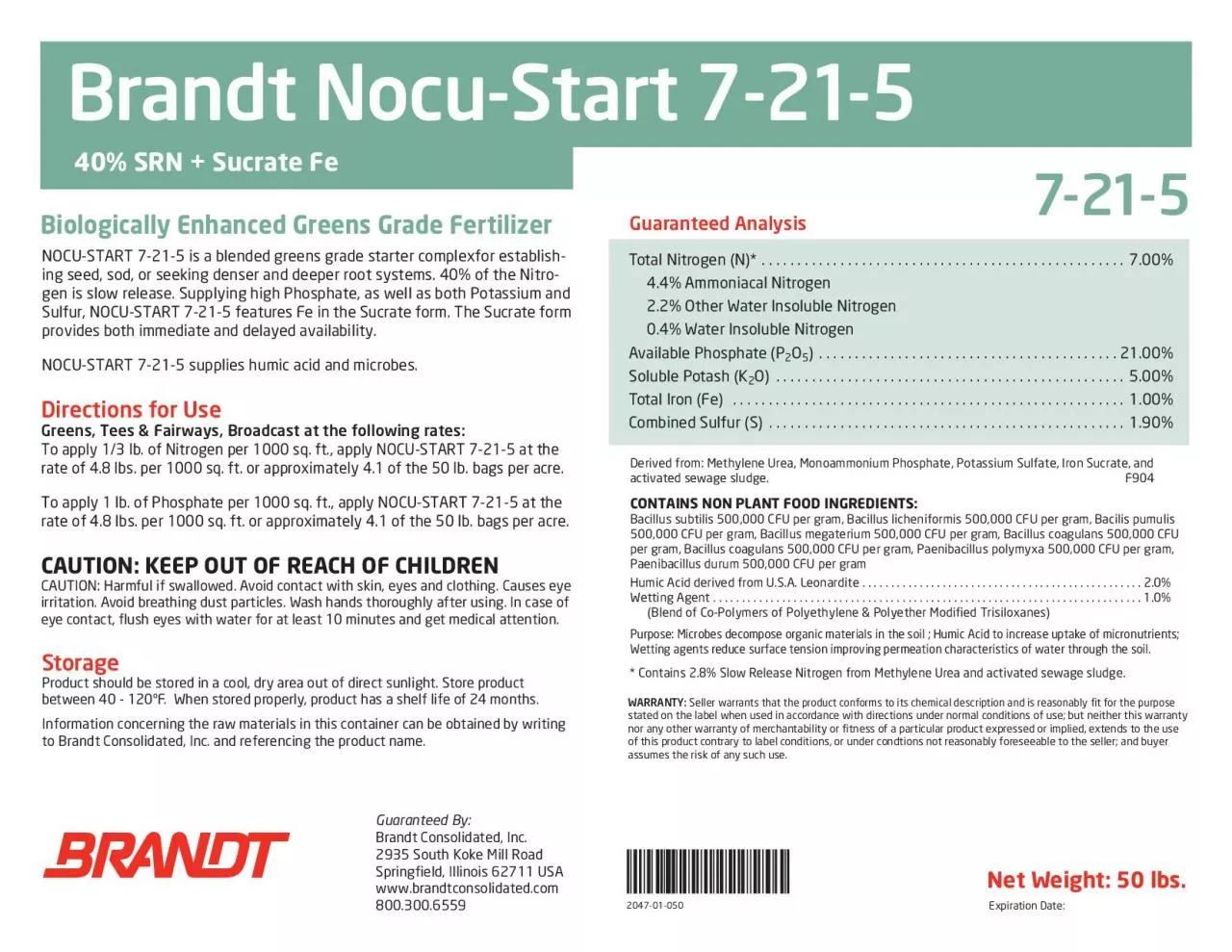 PDF-Brandt NocuStart 7215Guaranteed Analysis Contains 28 Slow Release N