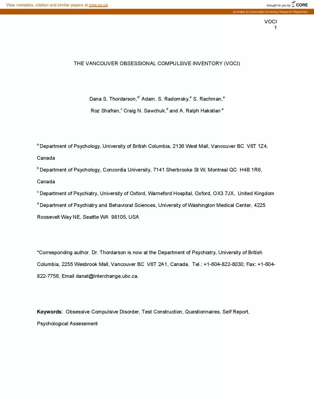 PDF-THE VANCOUVER OBSESSIONAL COMPULSIVE INVENTORY VOCI Department of Psyc