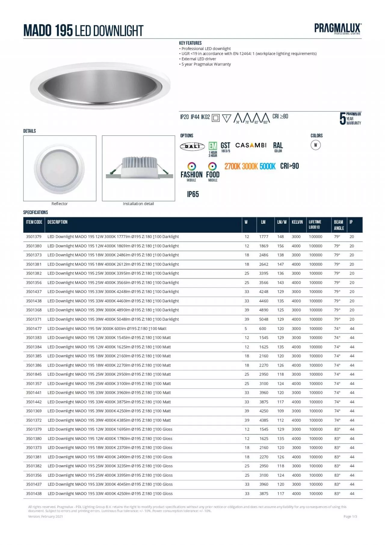 PDF-extra informationphotometric specificationsLED downlighT mado 195 25W