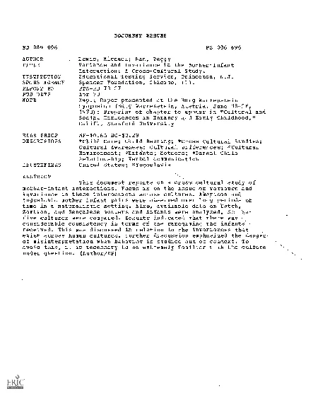 DOCUMENT RESUMEED 084 006PS 006 696AUTHORLewis Michael Ban PeggyTITLEV