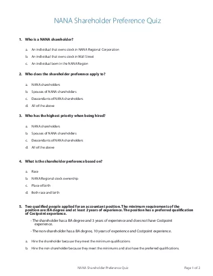 NANA Shareholder Preference Quiz Page 1 of 2