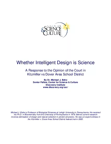 Whether Intelligent Design is Science Behe146s Response to Kitzmiller