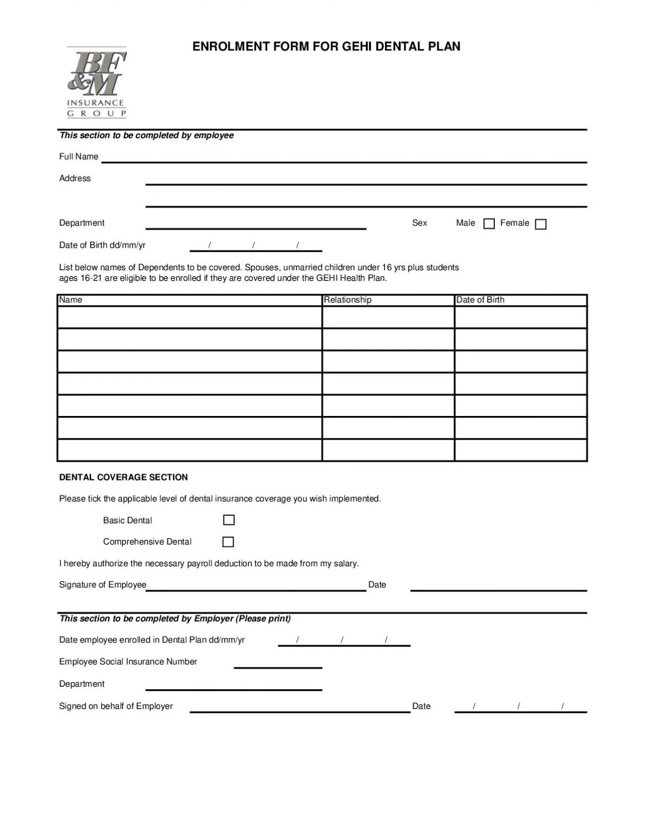 PDF-ENROLMENT FORM FOR GEHI DENTAL PLAN