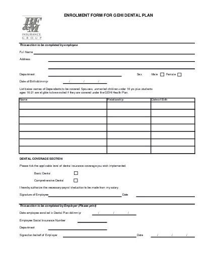 ENROLMENT FORM FOR GEHI DENTAL PLAN