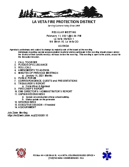 x0000x0000 LA VETA FIRE PROTECTION DISTRICTServing Cuchara Valley Sinc