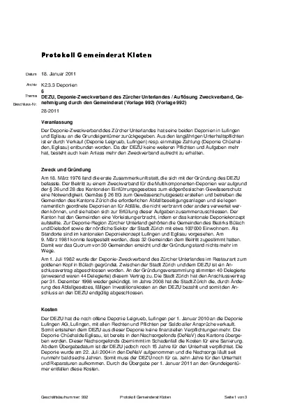 Geschftslaufnummer 992 Protokoll Gemeinderat Kloten Seite 1 von 3 nr18