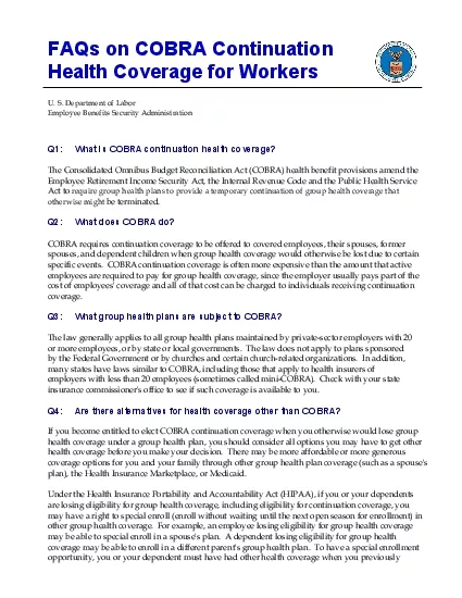 FAQs on COBRA Continuation Health Coverage for Workers