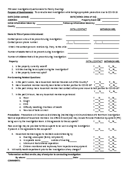 Investigation Questionnaire for Family Dwellings