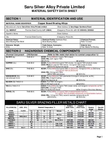 Saru Silver Alloy Private Limited MATERIAL SAFETY DATA SHEET Page 1
