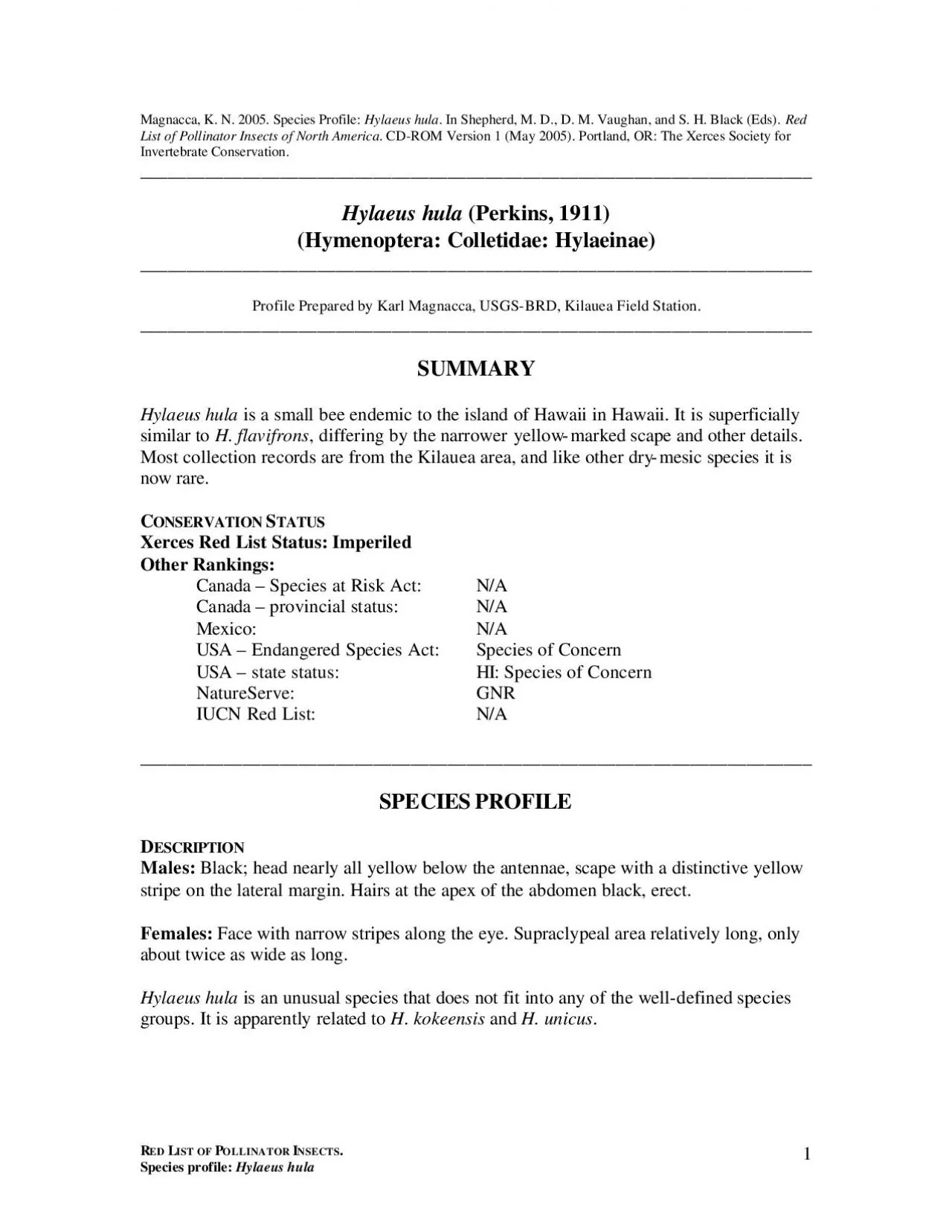 PDF-RED LIST OF POLLINATOR I Species profile Hylaeus hula