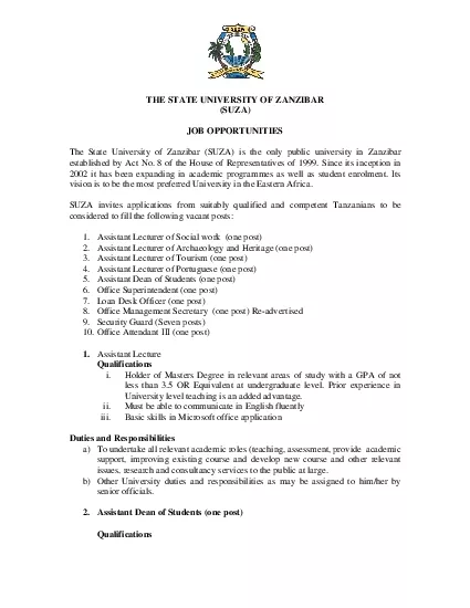 PDF-THE STATE UNIVERSITY OF ZANZIBAR SUZA JOB OPPORTUNITIES The State Univ