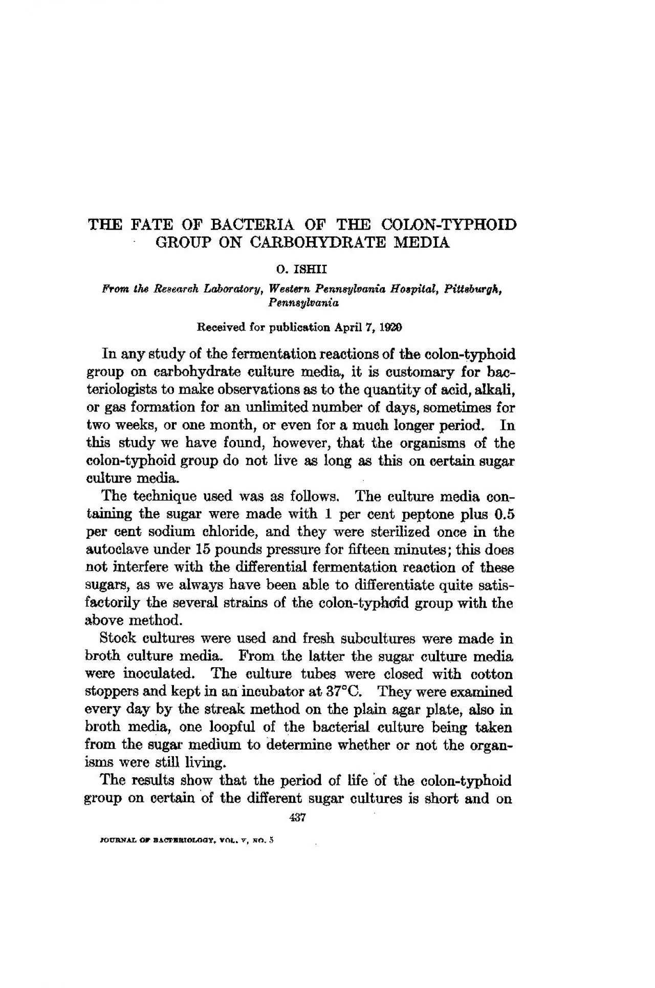 PDF-TEHEFATEOFBACTERIAOFTHECOLONTYPHOIDGROUPONCARBOHYDRATEMEDIA0ISHIIFrom