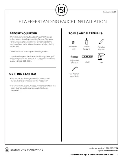 LETA FREESTANDING FAUCET INSTALLATIONGETTING STARTED