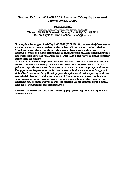 Typical Failures of CuNi 9010 Seawater Tubing Systems andHow to Avoid