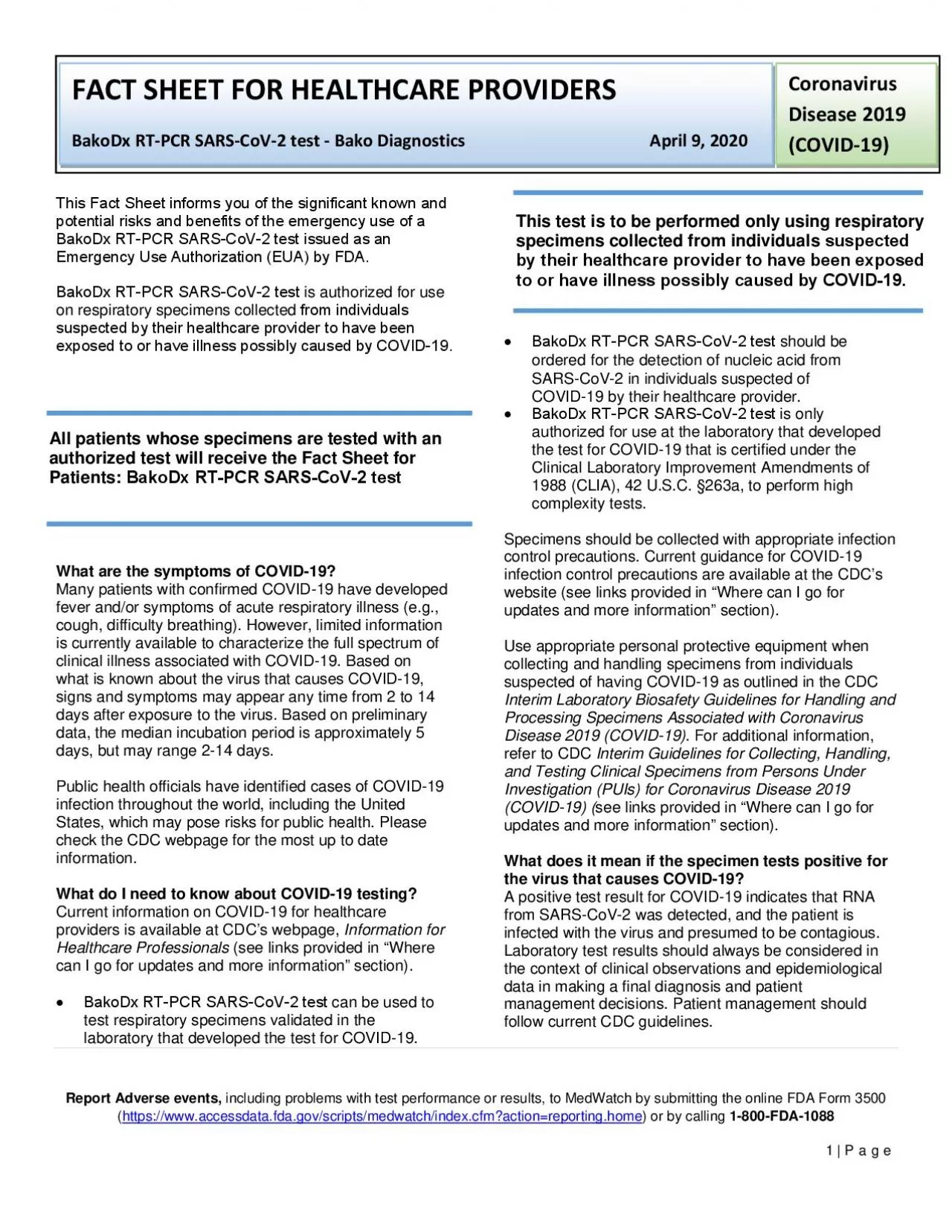 PDF-Report Adverse events including problems with test performance or resu